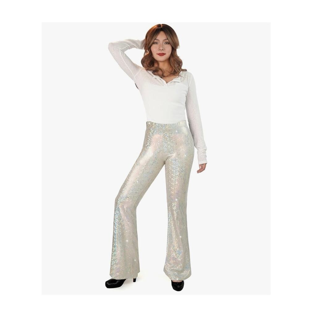 Nawgut Flare Pants Sparkly Glitter High Waisted Bell Bottoms Leggings Large